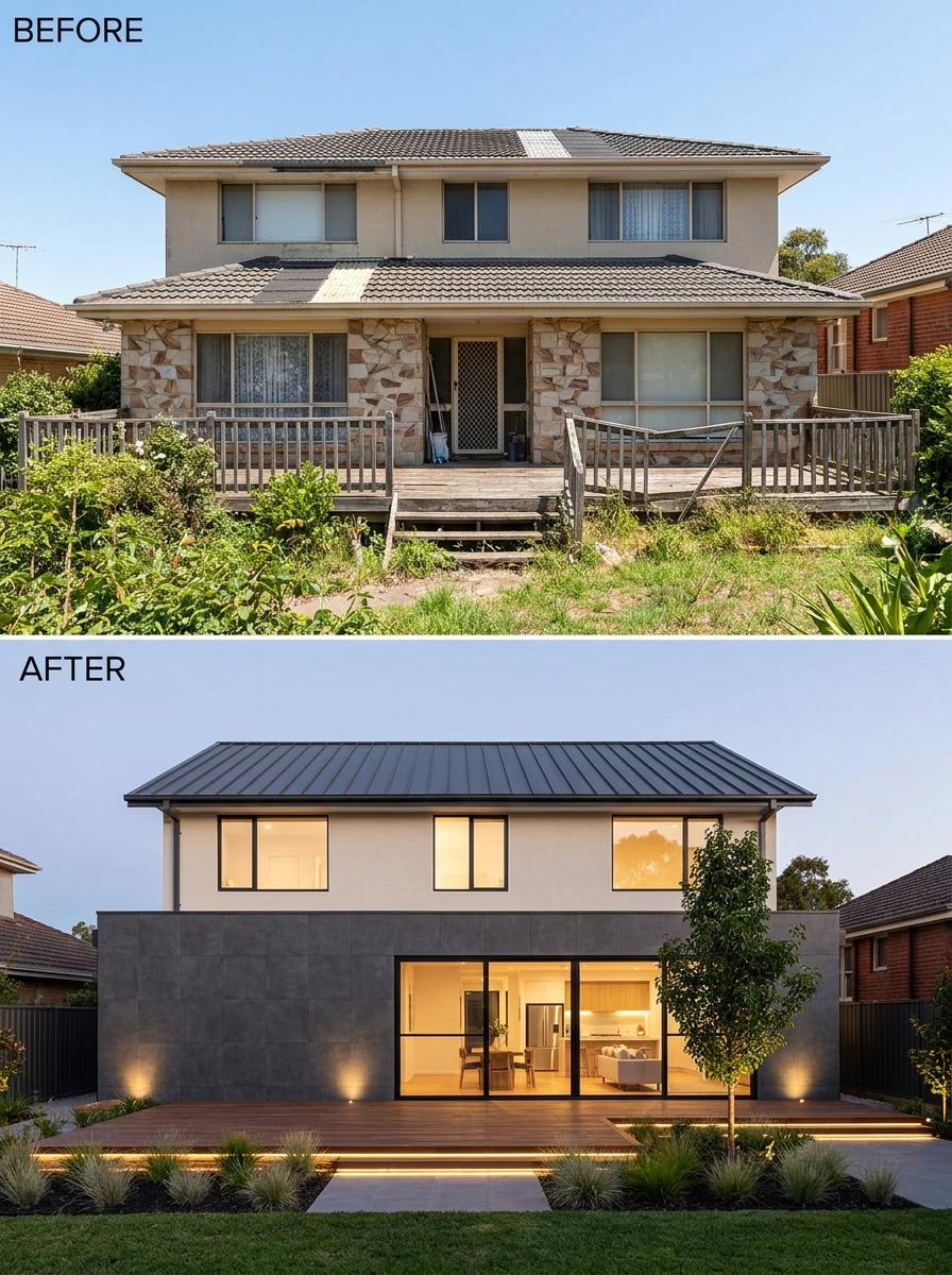 Before and after home renovation: dated two-storey house transformed into sleek modern facade with glass doors and yard