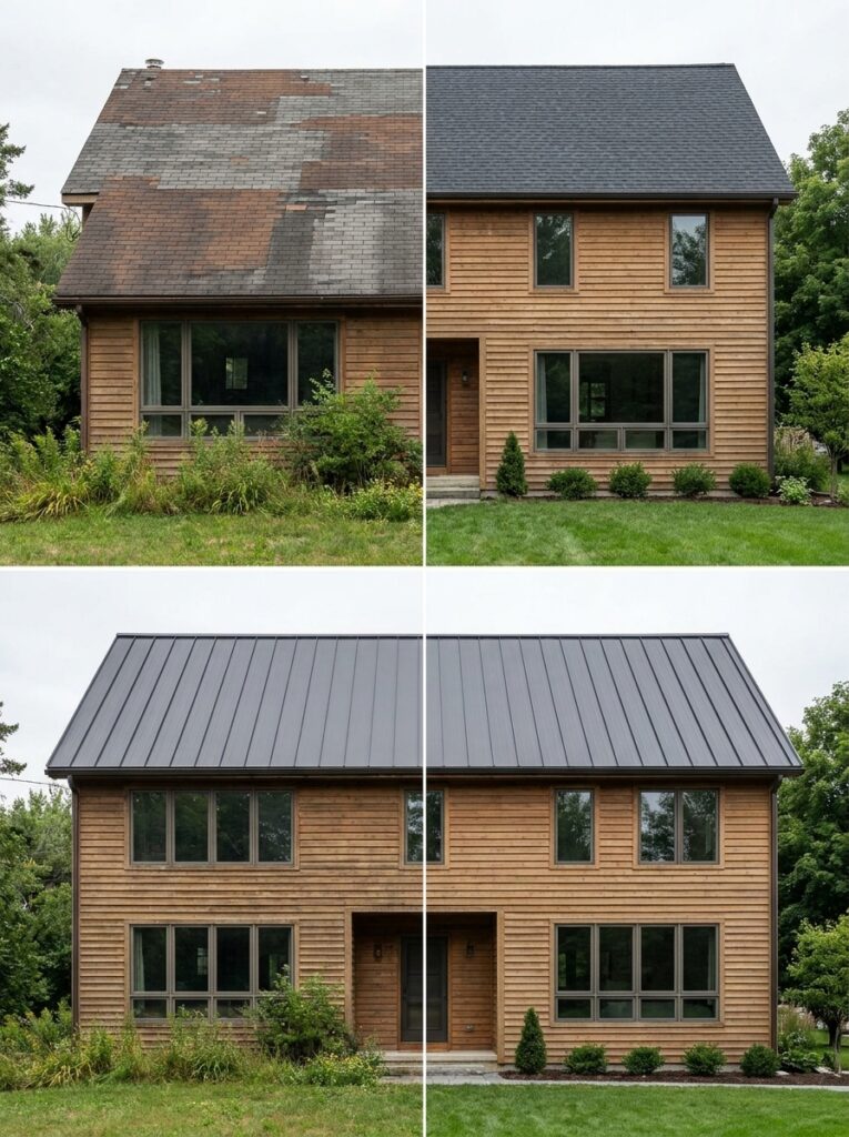 Before-and-after home renovation: worn shingle roof and overgrown yard upgraded to metal roof, cedar siding, landscaping