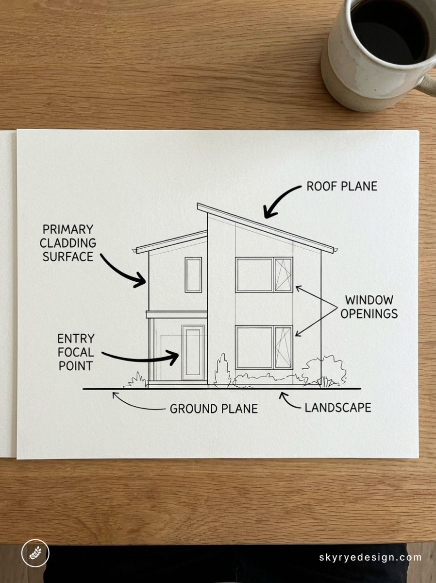 Architectural sketch of modern two-story house labeled roof plane, cladding, entry focal point, window openings