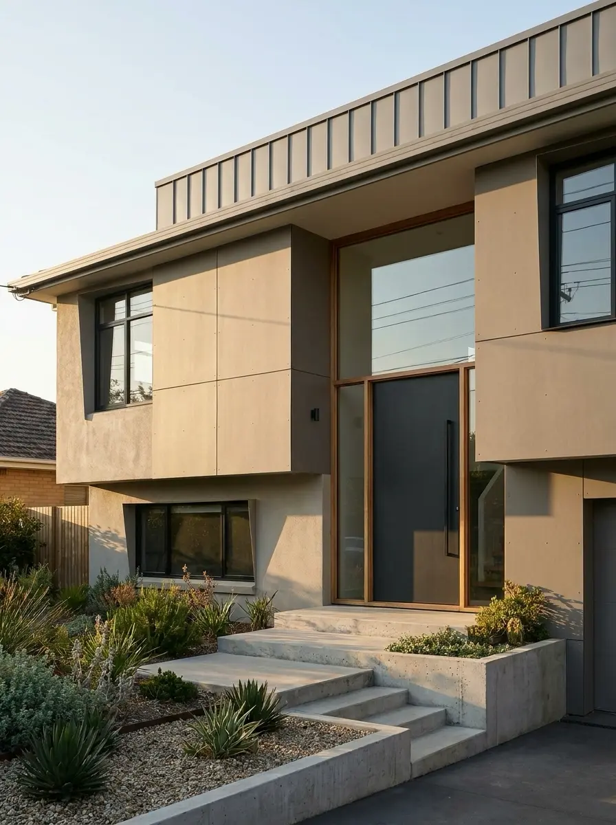 Modern home entrance with concrete steps, wood-framed glass front door and minimalist drought-tolerant landscaping