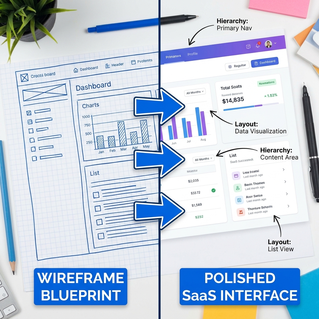 SaaS dashboard wireframe transforming into polished UI with charts, lists and layout annotations
