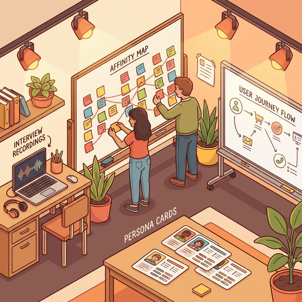UX team brainstorming in a workshop with affinity map, user journey flow, persona cards and interview recordings.