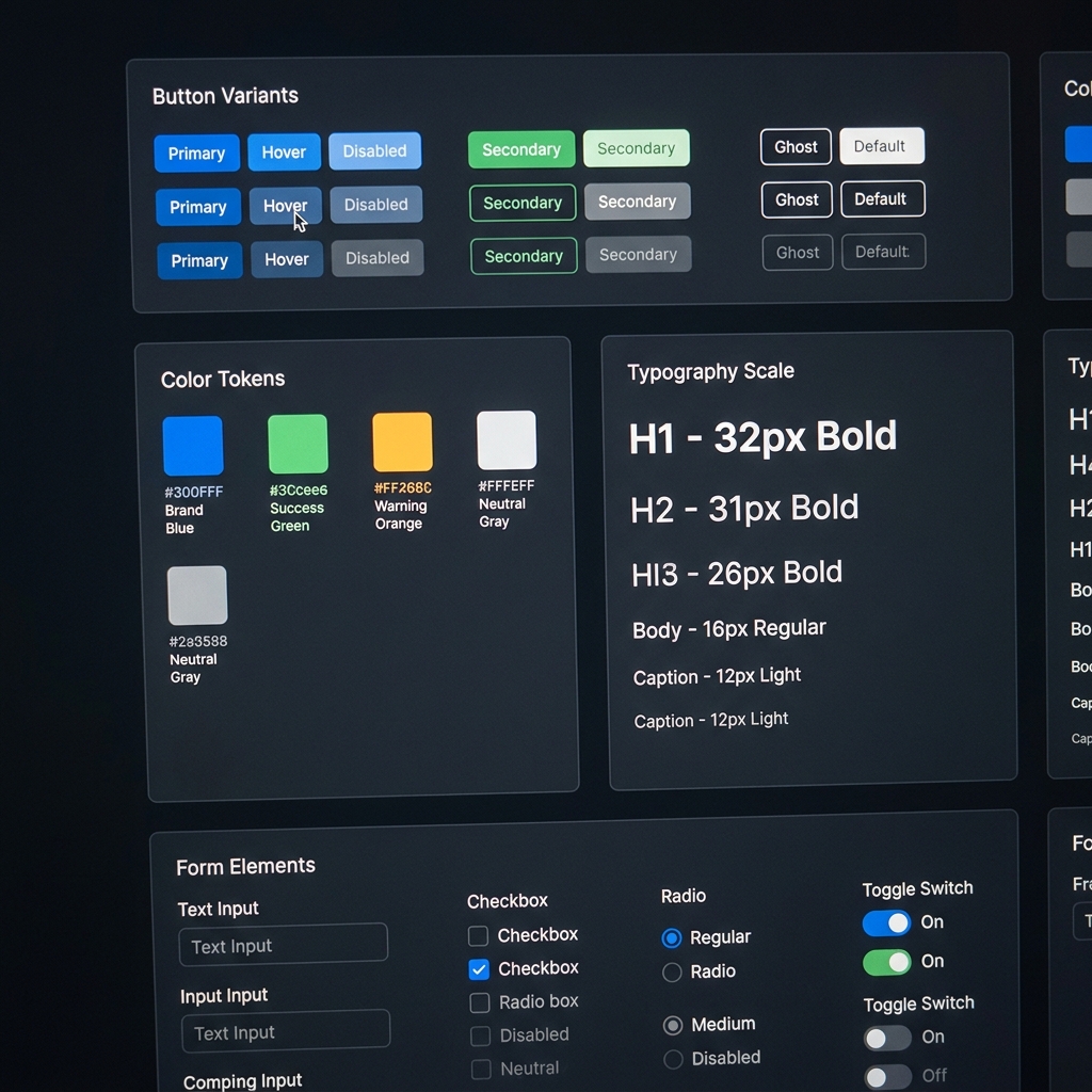 Dark-mode UI design system dashboard showing button variants, color tokens, typography scale and form elements.