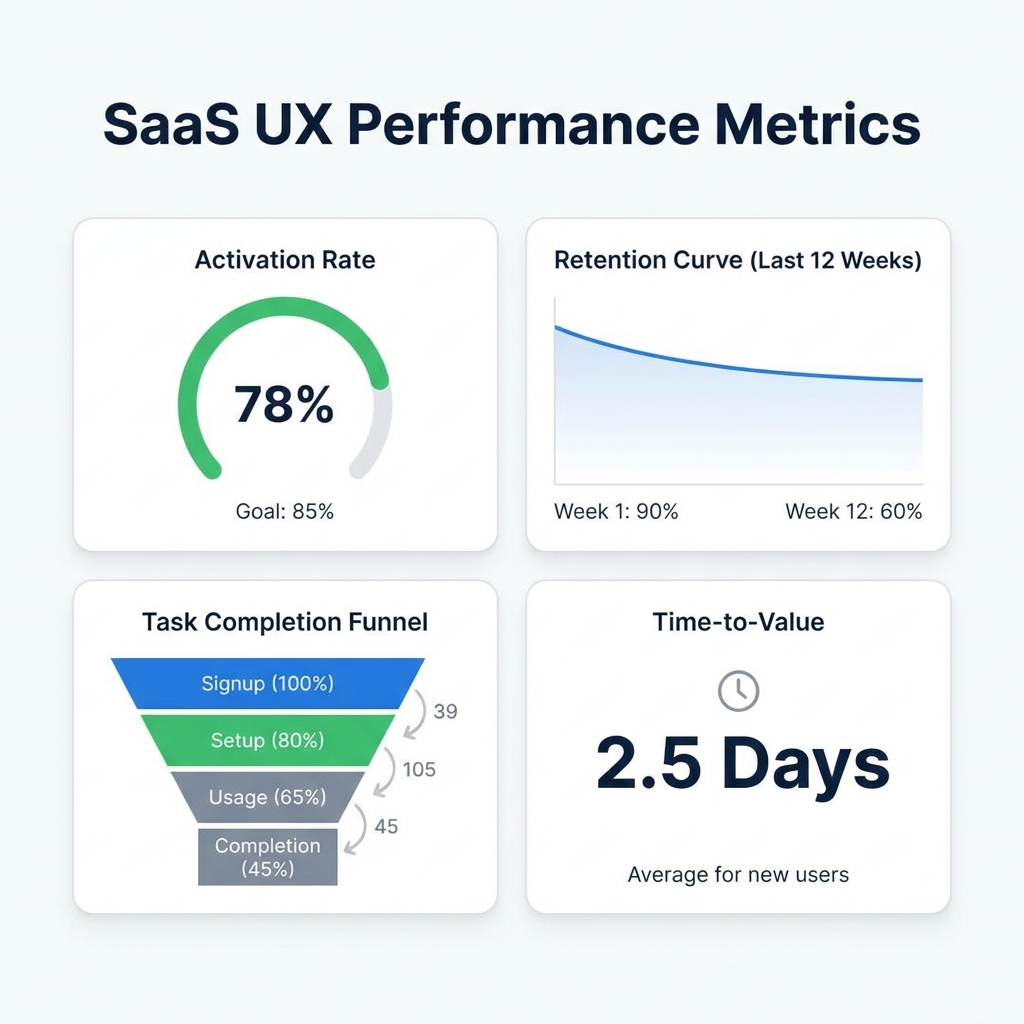 SaaS UX performance dashboard: Activation Rate 78%, retention curve (90%→60%), task completion funnel and 2.5-day time-to-value.