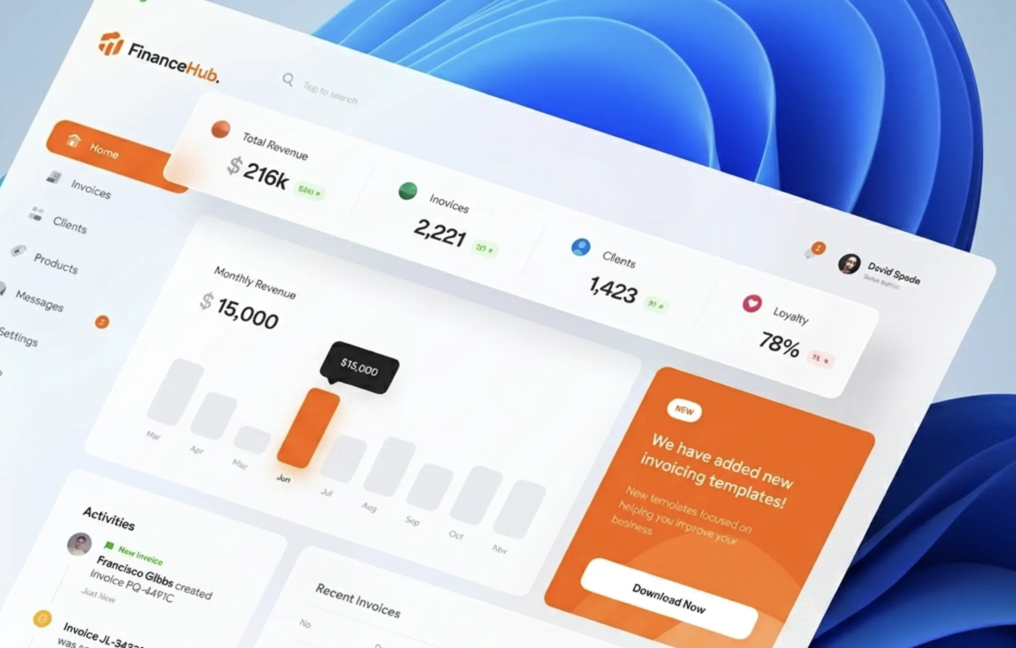 Finance dashboard UI mockup showing total revenue, monthly chart, invoices, clients and an orange invoicing templates promo.