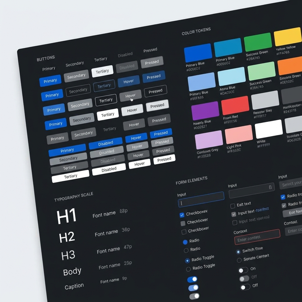 Dark UI design system style guide UI kit with buttons, color tokens, typography scale, and form elements