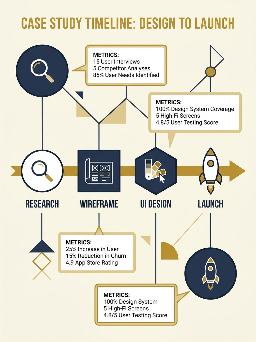 Design-to-launch case study timeline infographic showing Research, Wireframe, UI Design, Launch with key metrics