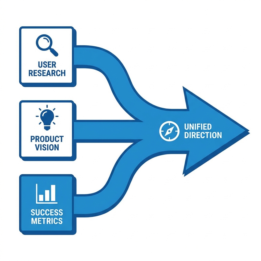 Diagram: user research, product vision, and success metrics merge into unified direction (compass arrow)