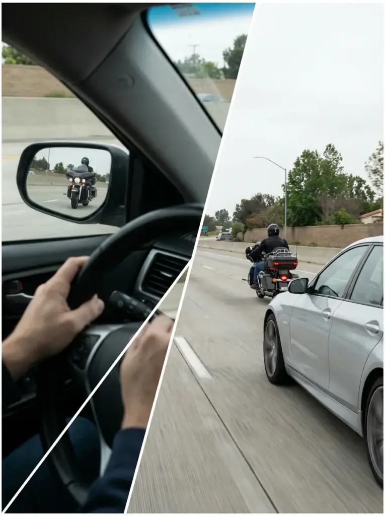 a4757ee1-bea5-4017-ac3a-ccc36a987907 Driver's hands on wheel, rearview mirror showing motorcycle; silver car passes motorcyclist on highway | Sky Rye Design Driver's hands on wheel, rearview mirror showing motorcycle; silver car passes motorcyclist on highway