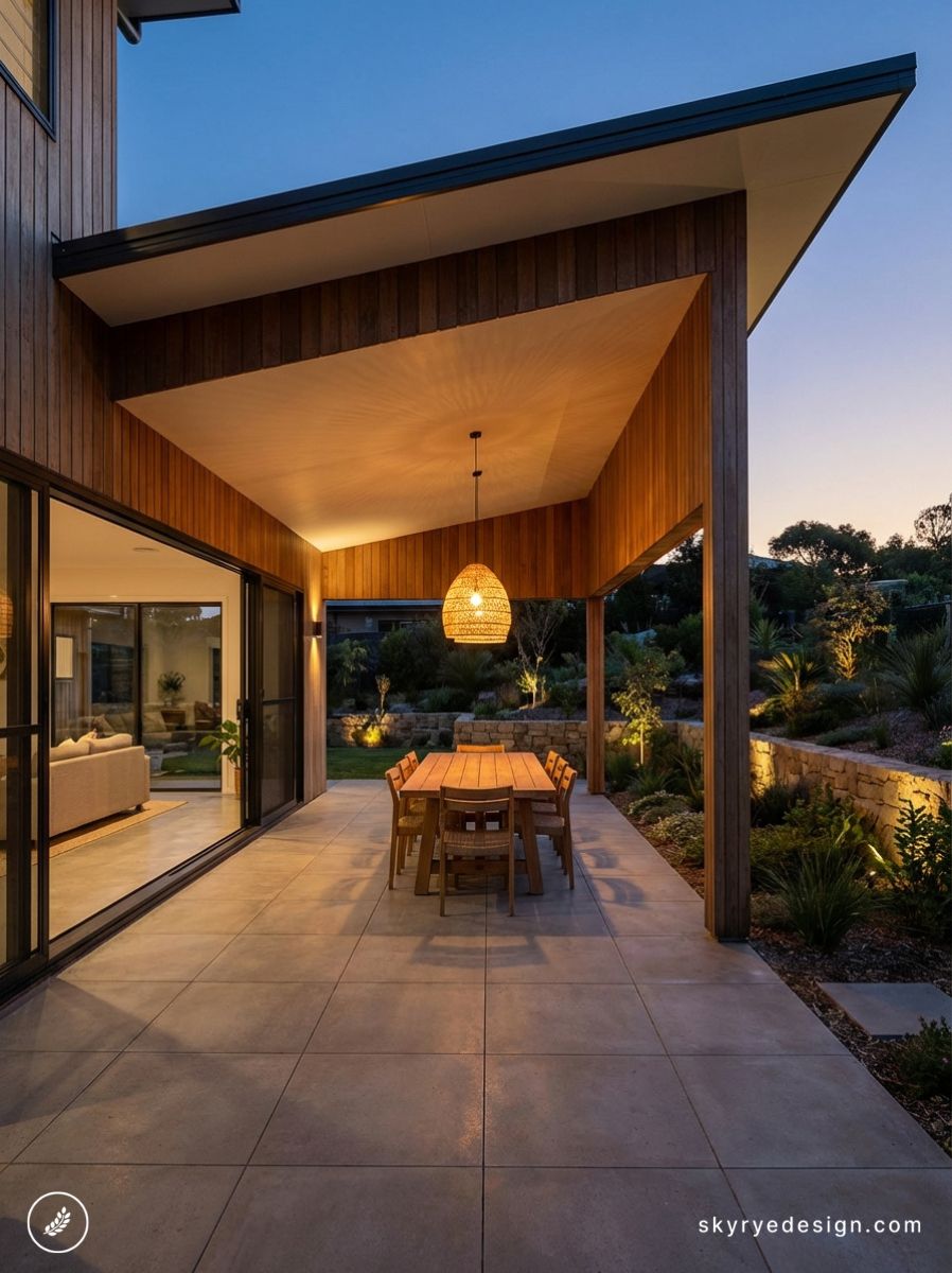 Contemporary covered patio dining area with warm pendant lighting, wooden ceiling and sliding glass doors at dusk