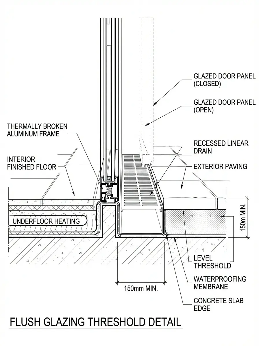 Flush glazing threshold section drawing showing thermally broken aluminum frame, recessed linear drain, level threshold.