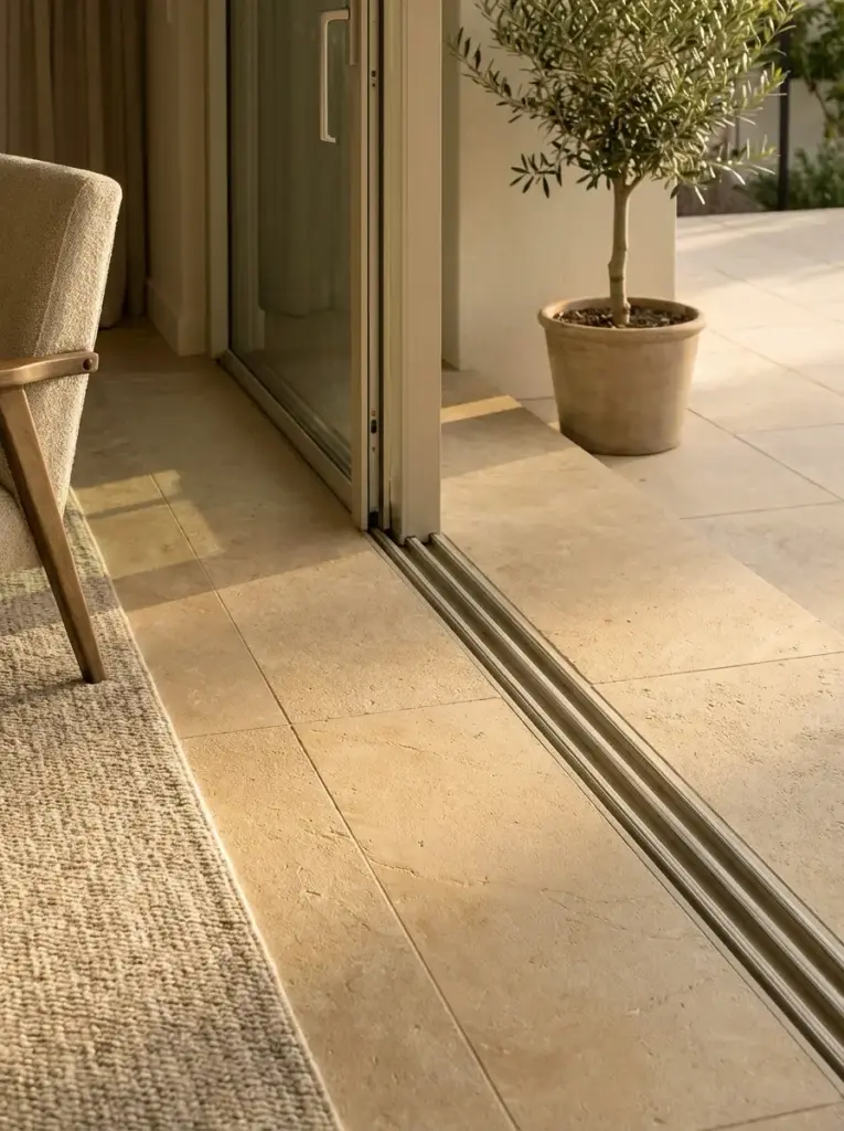 Flush sliding glass door track in beige stone tile threshold with indoor rug and chair edge, potted olive tree on patio