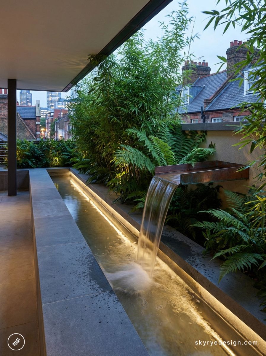 Modern urban rooftop terrace with copper spout waterfall into linear reflecting pool, LED underlighting amid bamboo and ferns.