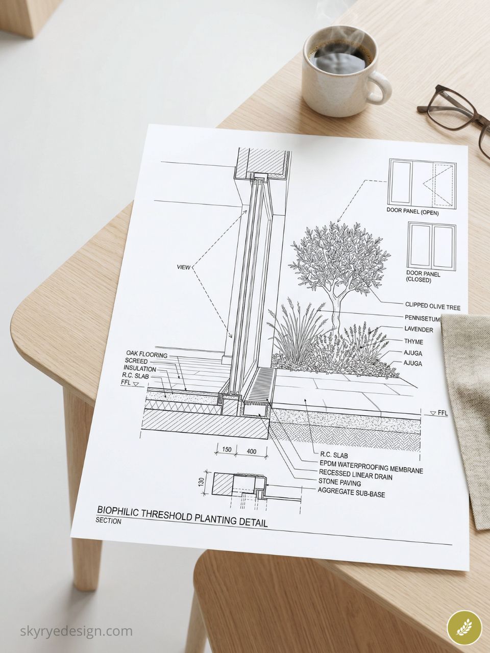 Biophilic threshold planting architectural drawing on wooden desk with steaming coffee cup and eyeglasses