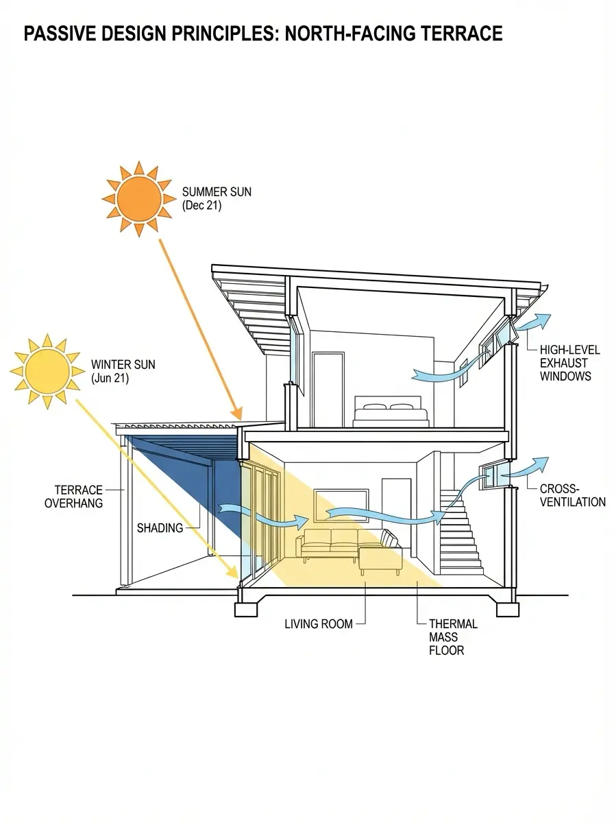 Passive design cross-section: north-facing terrace with summer/winter sun angles, shading, cross-ventilation, thermal mass.