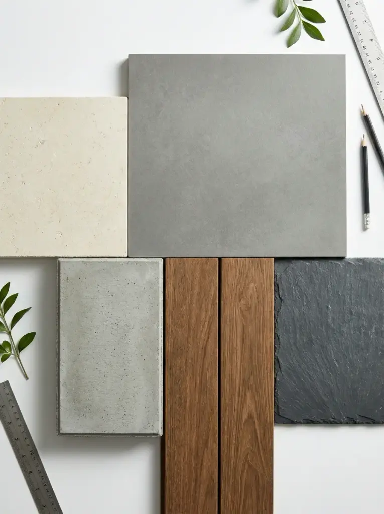Flooring material samples: gray tile, beige stone, concrete, slate, oak wood planks and rulers