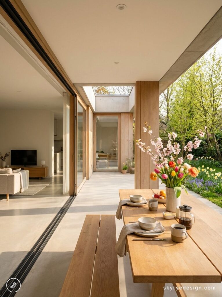 Modern open-plan patio dining with wooden table, spring tulips, coffee, and sliding glass doors to garden