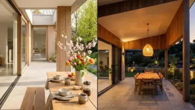 Modern indoor-outdoor dining patio with wooden table, tulip bouquet, sliding glass doors — styled for day and evening use