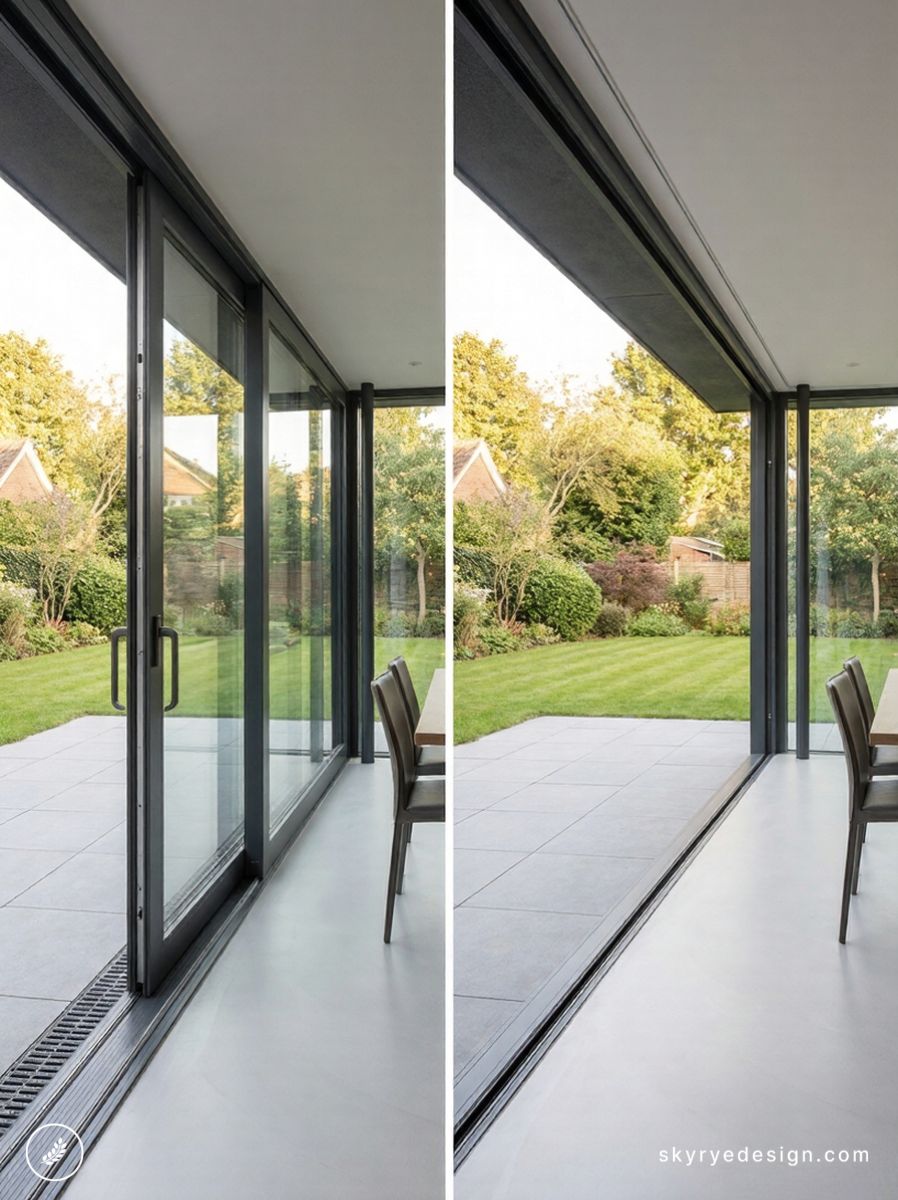Modern black-framed sliding glass doors opening to patio and green backyard, seamless indoor-outdoor flow