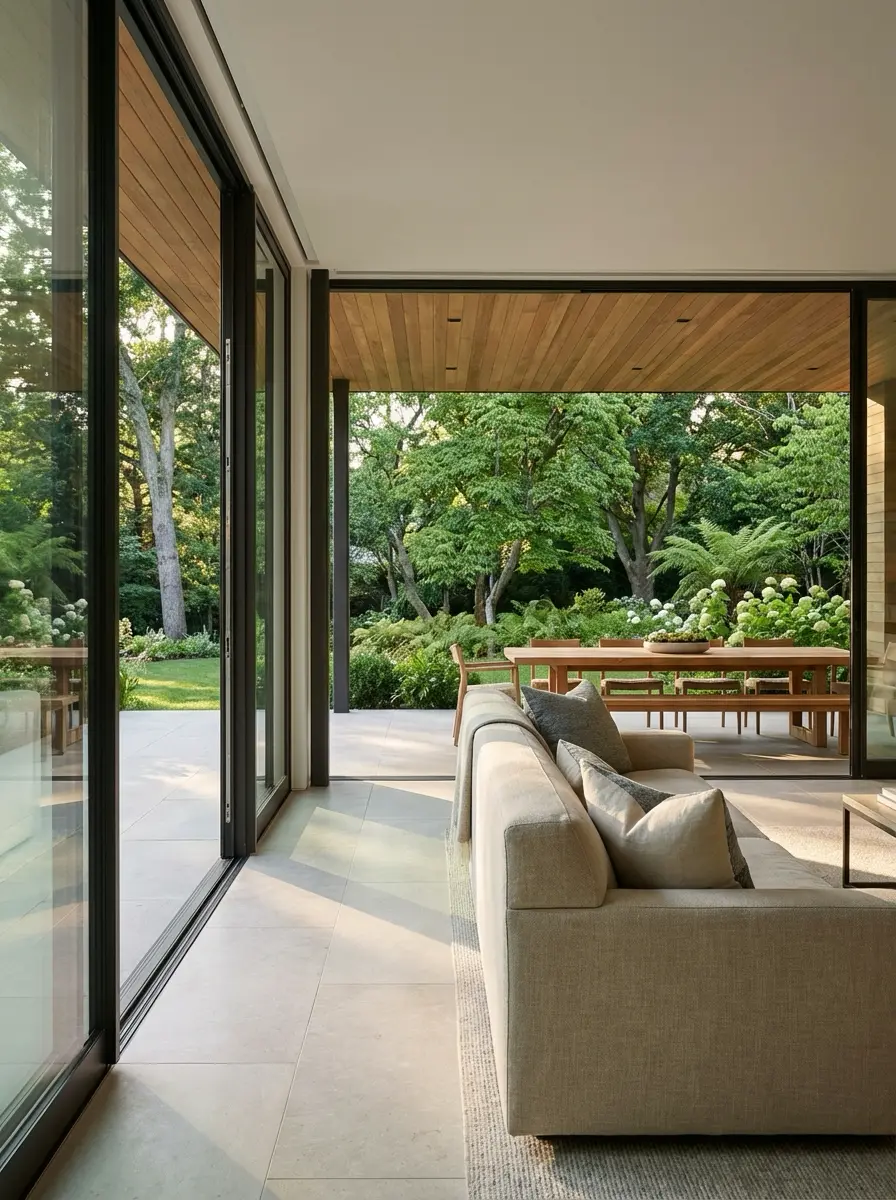 Modern living room with neutral sofa and sliding glass doors opening to covered patio dining area and lush garden