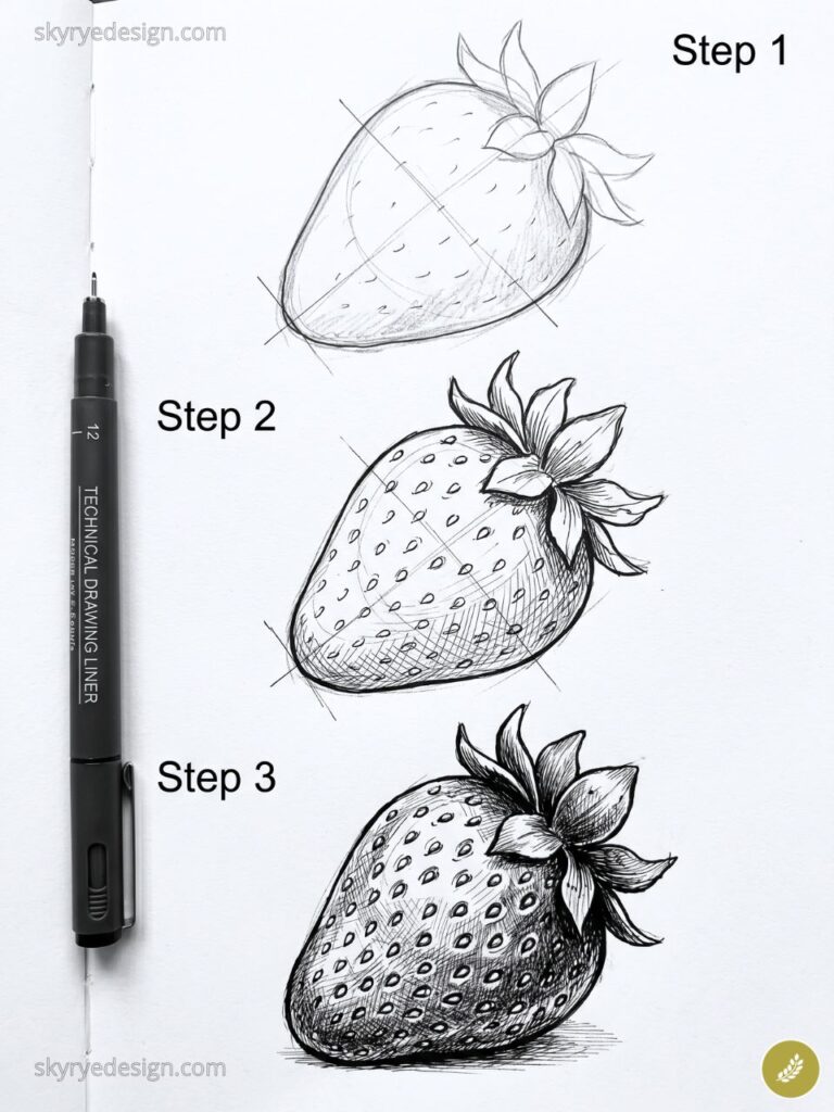Three-step pen drawing tutorial of a realistic strawberry sketch with technical drawing liner