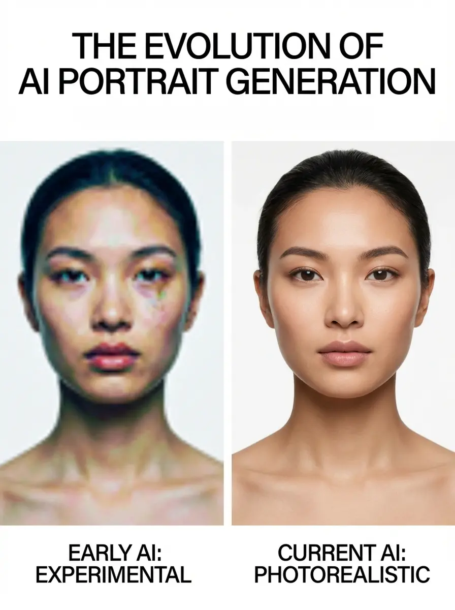 Frame 4273211-196 AI portrait generation comparison: early experimental blurry face vs current photorealistic portrait | Sky Rye Design AI portrait generation comparison: early experimental blurry face vs current photorealistic portrait