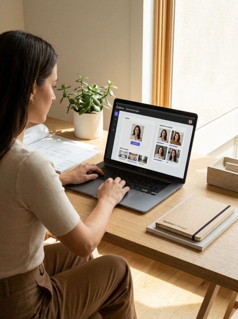 b7cd7161-d2ea-448f-b43a-591ae00af03d Person using laptop in bright home office viewing hiring software with candidate profiles and interview videos | Sky Rye Design Person using laptop in bright home office viewing hiring software with candidate profiles and interview videos