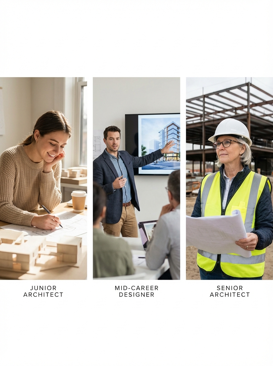 e858ddeb-fe5e-4d72-bb5c-1cfaa0ef0d29 Three-panel: junior architect sketching model, mid-career designer presenting render, senior architect at construction site | Sky Rye Design Three-panel: junior architect sketching model, mid-career designer presenting render, senior architect at construction site