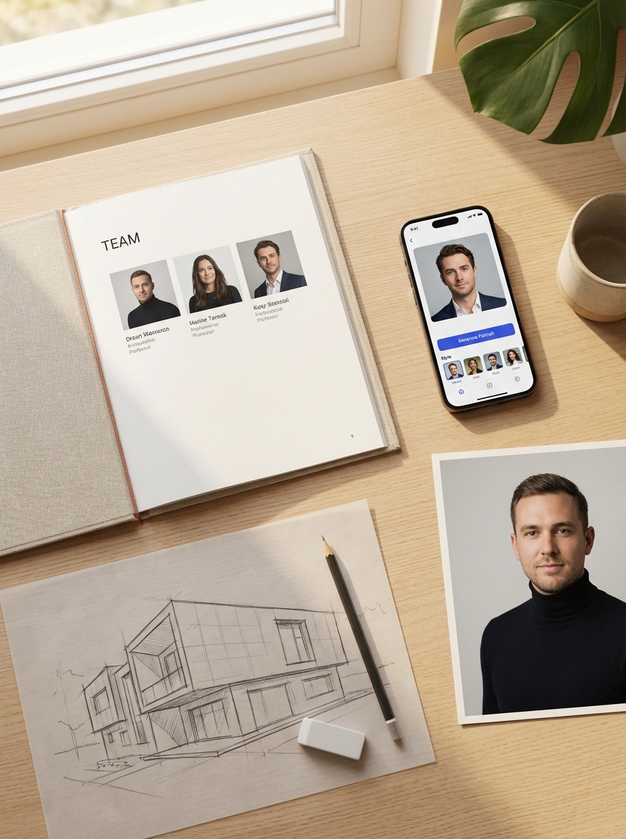 394c9222-79a5-4959-88d3-f81b446cf379 Team headshots on page and smartphone, portrait print beside architectural sketch on a wooden desk | Sky Rye Design Team headshots on page and smartphone, portrait print beside architectural sketch on a wooden desk
