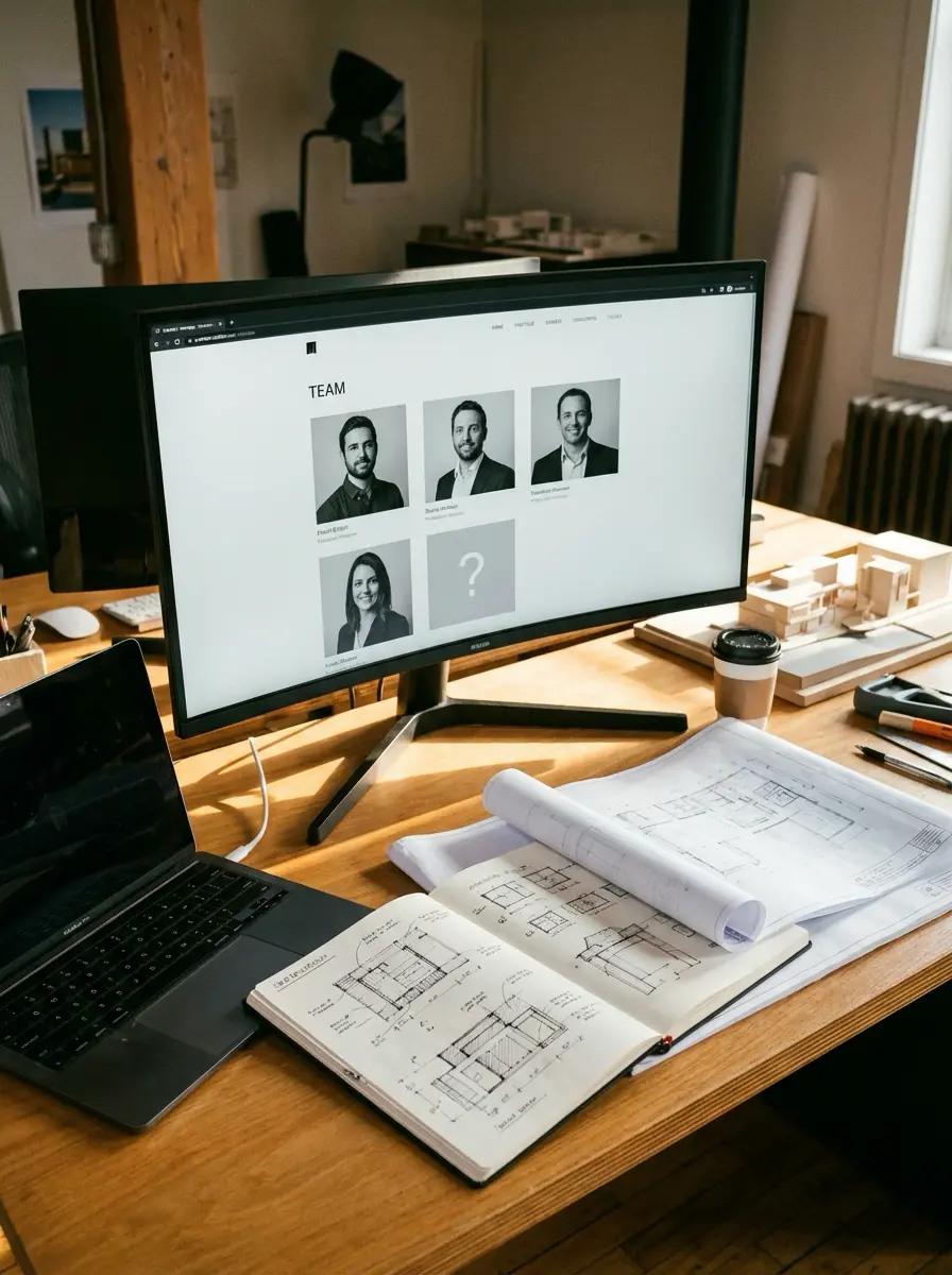 4566ffef-9b4c-41f5-bc23-f510e6a15bf9 Architecture firm workspace with monitor displaying team page, laptop, open blueprints and design sketches | Sky Rye Design Architecture firm workspace with monitor displaying team page, laptop, open blueprints and design sketches