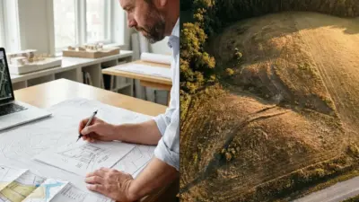 Architect drawing topographic site plans beside laptop paired with aerial view of a hilly parcel for land development