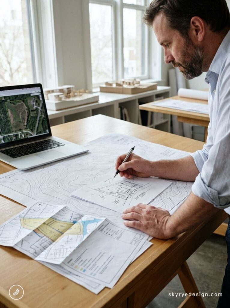 Architect drafting site plans at a wooden table with topographic maps, printed plans and laptop showing aerial map
