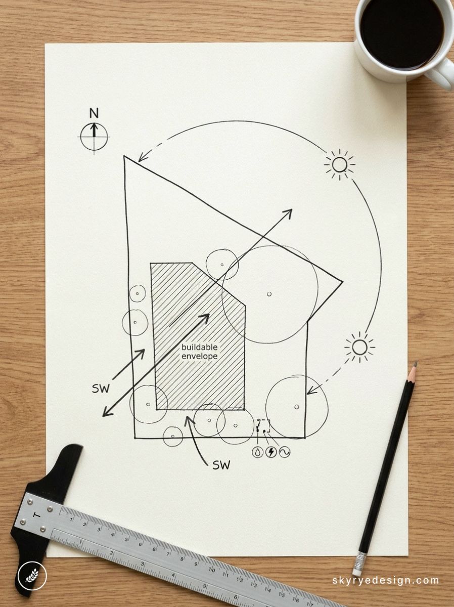 Architectural site plan sketch showing hatched buildable envelope, sun path, trees, scale ruler, pencil and coffee on desk