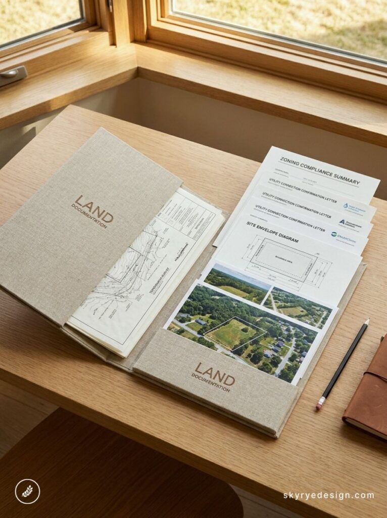 Land documentation folder on wooden desk with site maps, zoning compliance papers, aerial property photo and pencil