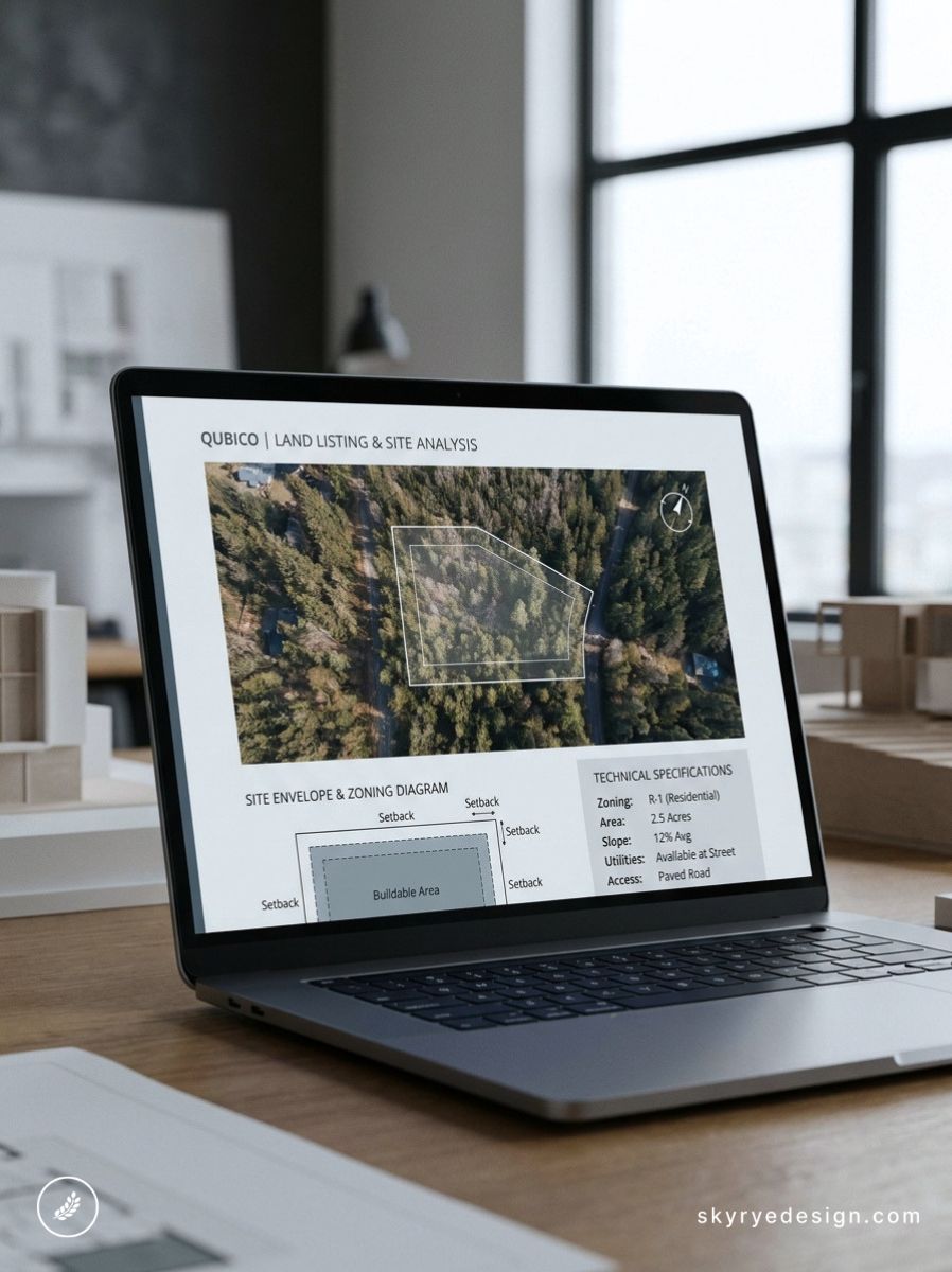 Laptop on desk showing real estate land listing and site analysis: aerial forest map and zoning diagram.