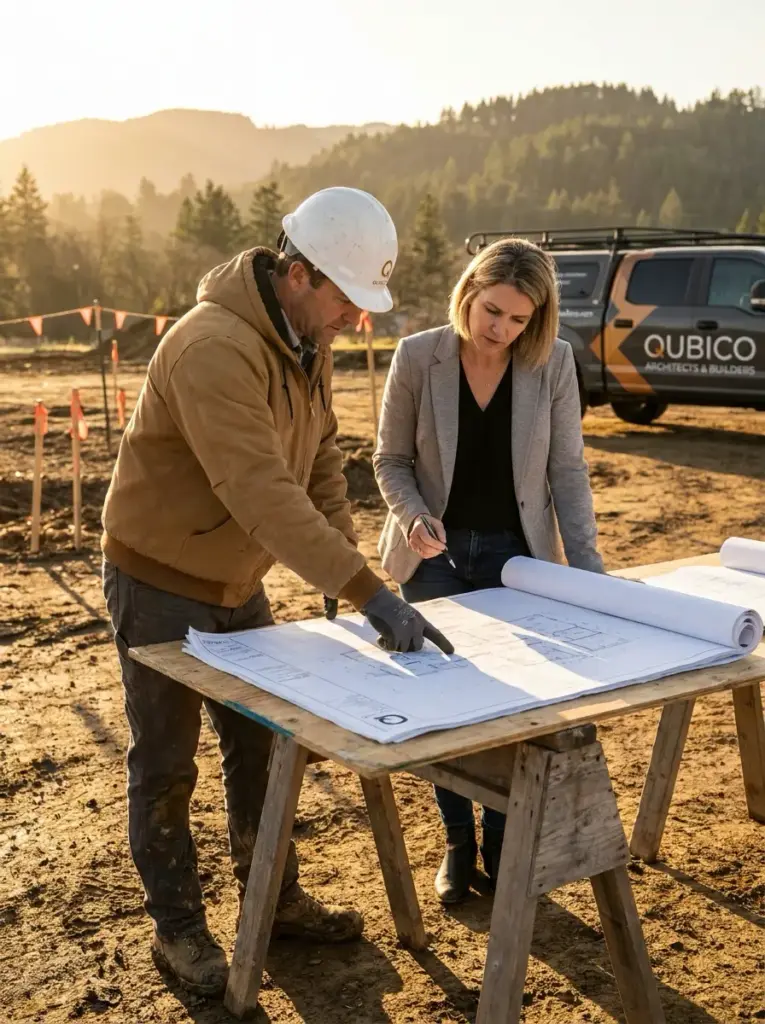 Architect and contractor reviewing blueprints on a construction site table with QUBICO builders truck in background