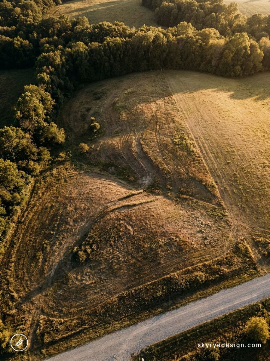 Drone aerial view of golden farmland, winding dirt road and dense forest in warm sunset light