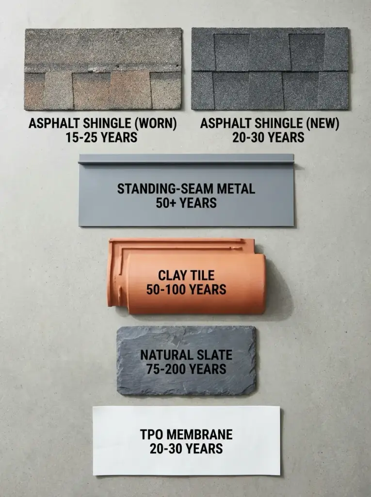 1fccec42-59fb-4f96-afe8-c7f3f6cb4e13 Roofing lifespan infographic: asphalt shingles (worn/new), standing-seam metal, clay tile, natural slate, TPO membrane | Sky Rye Design Roofing lifespan infographic: asphalt shingles (worn/new), standing-seam metal, clay tile, natural slate, TPO membrane