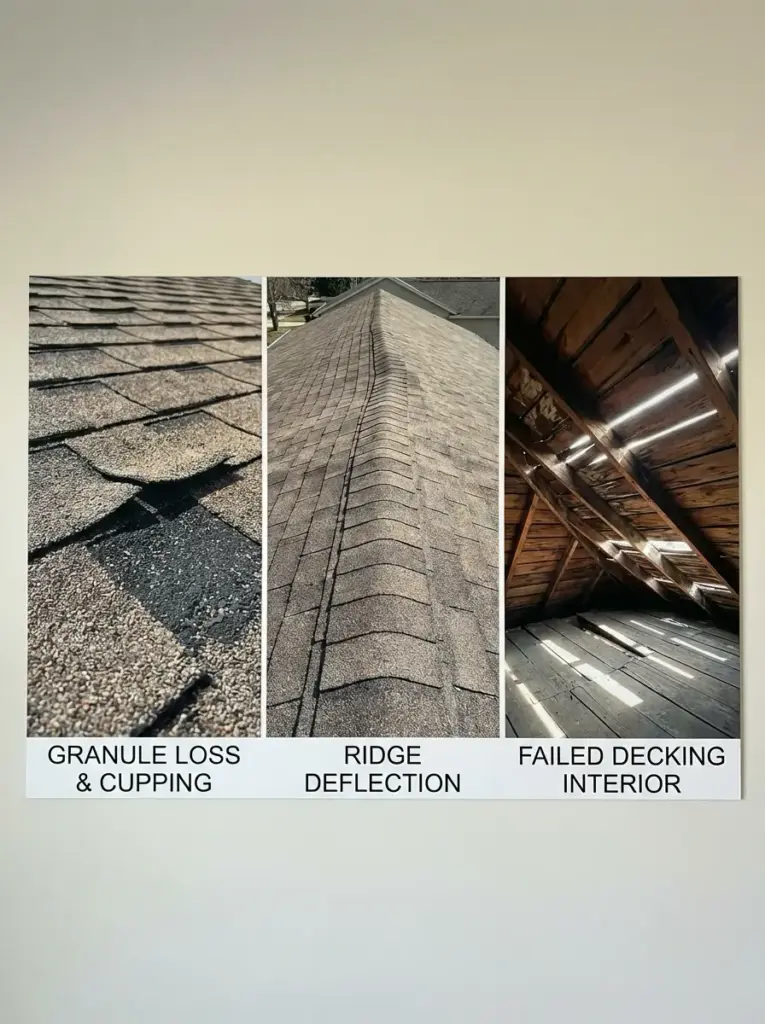 022a5475-c803-4ec9-be48-554511fb5c03 Roof inspection collage: shingle granule loss and cupping, ridge deflection on asphalt shingles, failed attic decking. | Sky Rye Design Roof inspection collage: shingle granule loss and cupping, ridge deflection on asphalt shingles, failed attic decking.