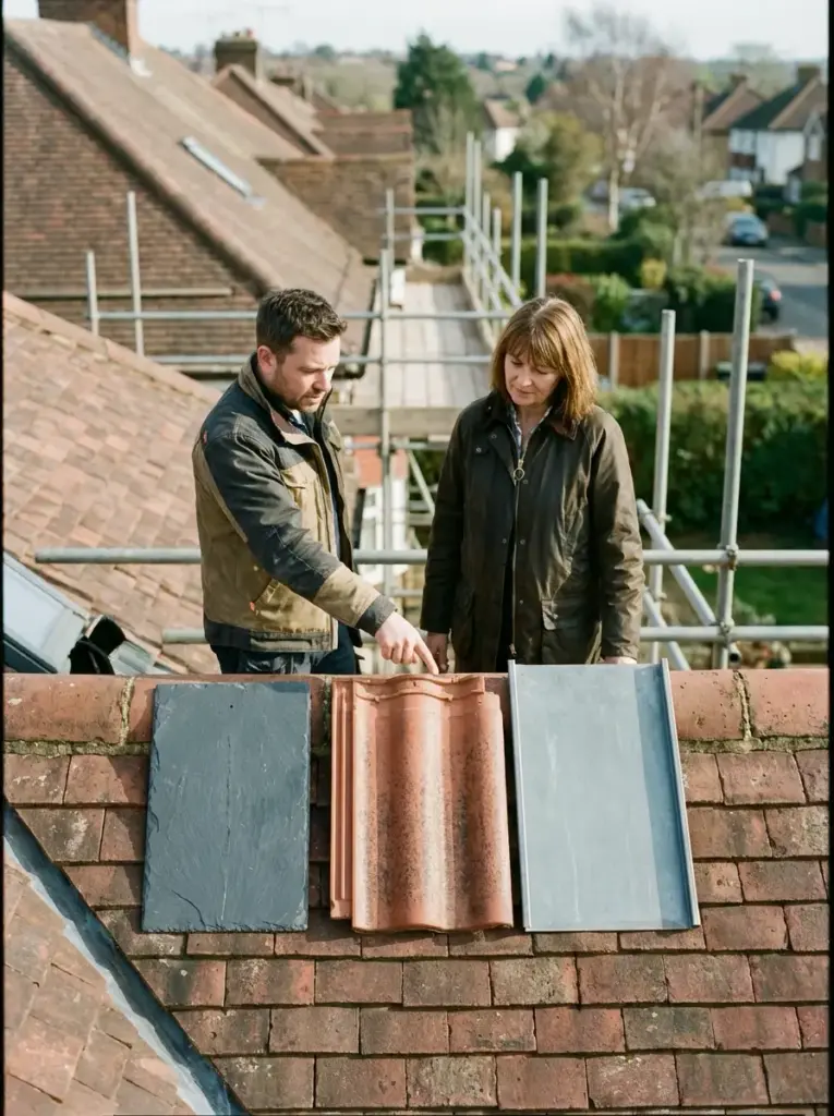 a463bbf7-d8dc-4b09-85bd-2ea4fb9fdfe1 Roofer and homeowner inspecting roof tile samples on suburban pitched roof during consultation | Sky Rye Design Roofer and homeowner inspecting roof tile samples on suburban pitched roof during consultation