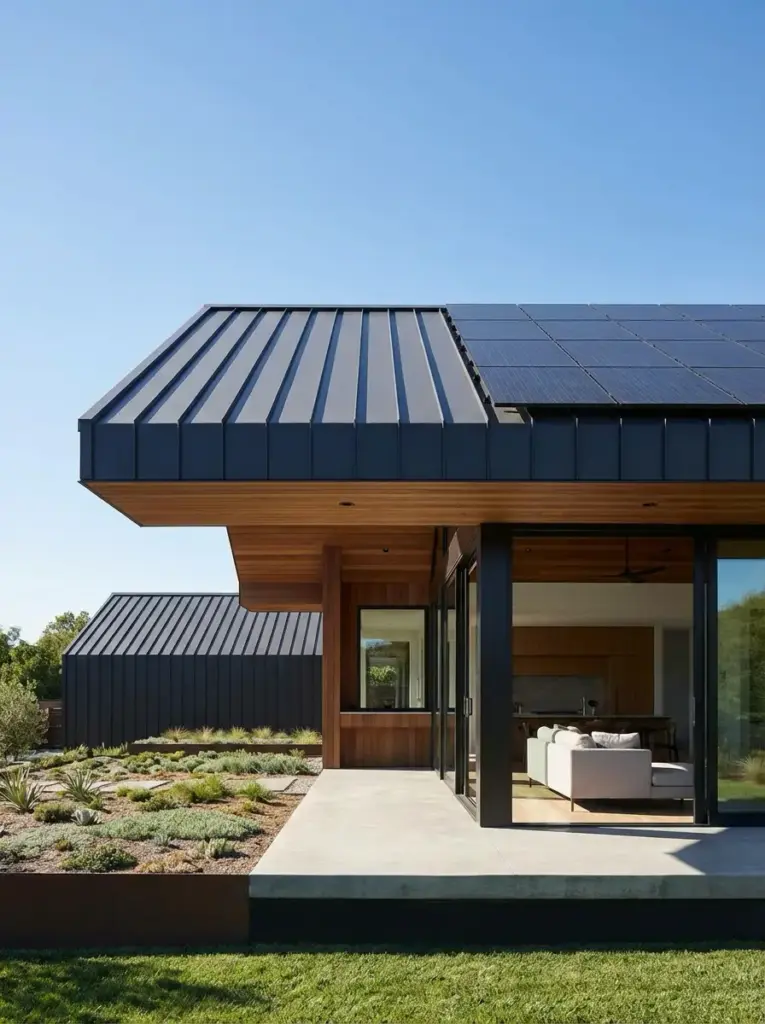 88891dfb-bab3-4e54-83ce-7aa7d16046e1 Modern sustainable home with standing-seam metal roof, solar panels, glass patio doors, xeriscape landscaping | Sky Rye Design Modern sustainable home with standing-seam metal roof, solar panels, glass patio doors, xeriscape landscaping