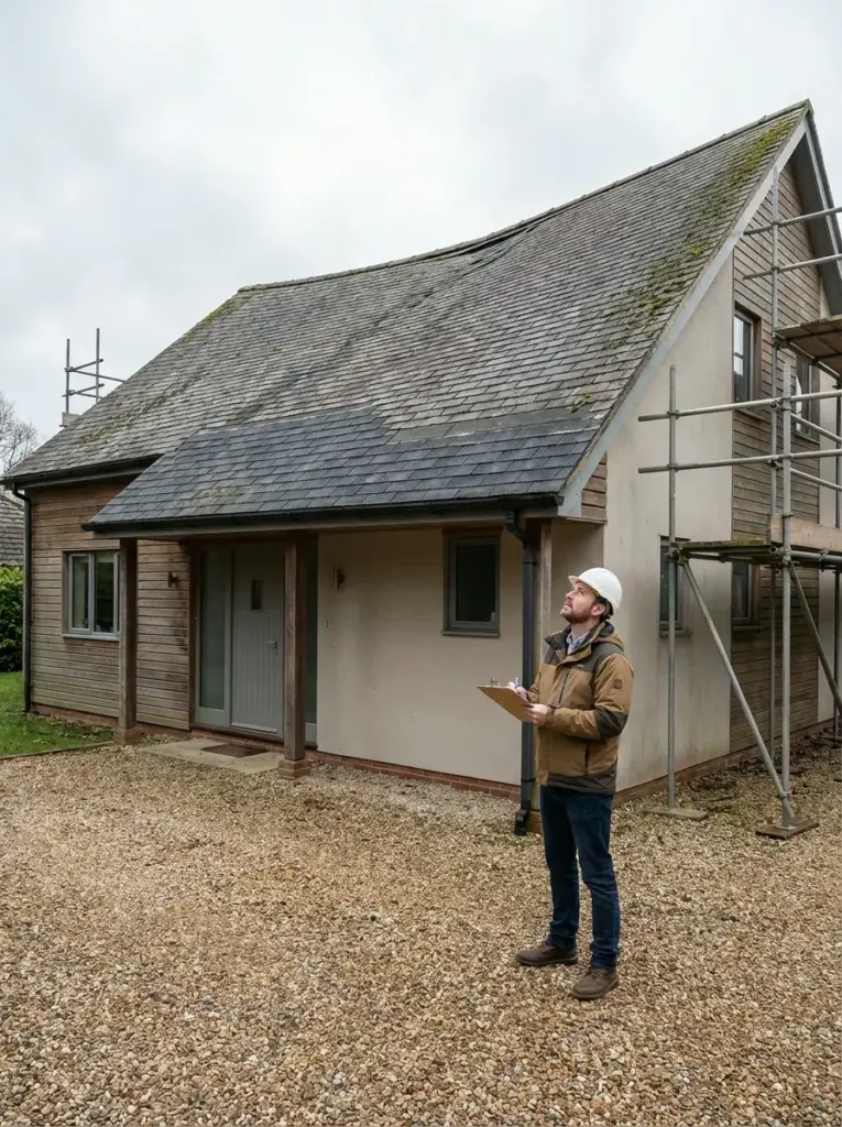 44af35d7-d97f-4bf2-b7cf-e2fbd7f85594 Roof inspection: home inspector in hard hat with clipboard examines slate roof and scaffolding at detached house | Sky Rye Design Roof inspection: home inspector in hard hat with clipboard examines slate roof and scaffolding at detached house