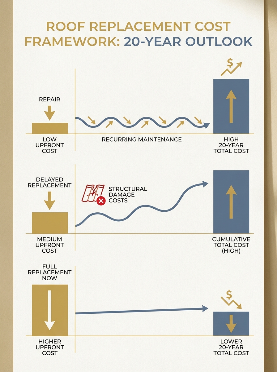 74fcdb19-554e-46a2-a4b0-a609b5ee6af5 Roof replacement cost infographic: 20-year outlook comparing repair, delayed replacement, and full replacement now. | Sky Rye Design Roof replacement cost infographic: 20-year outlook comparing repair, delayed replacement, and full replacement now.