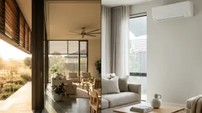 Modern neutral living room with open-plan indoor-outdoor seating, natural light, plants, and wall-mounted split AC