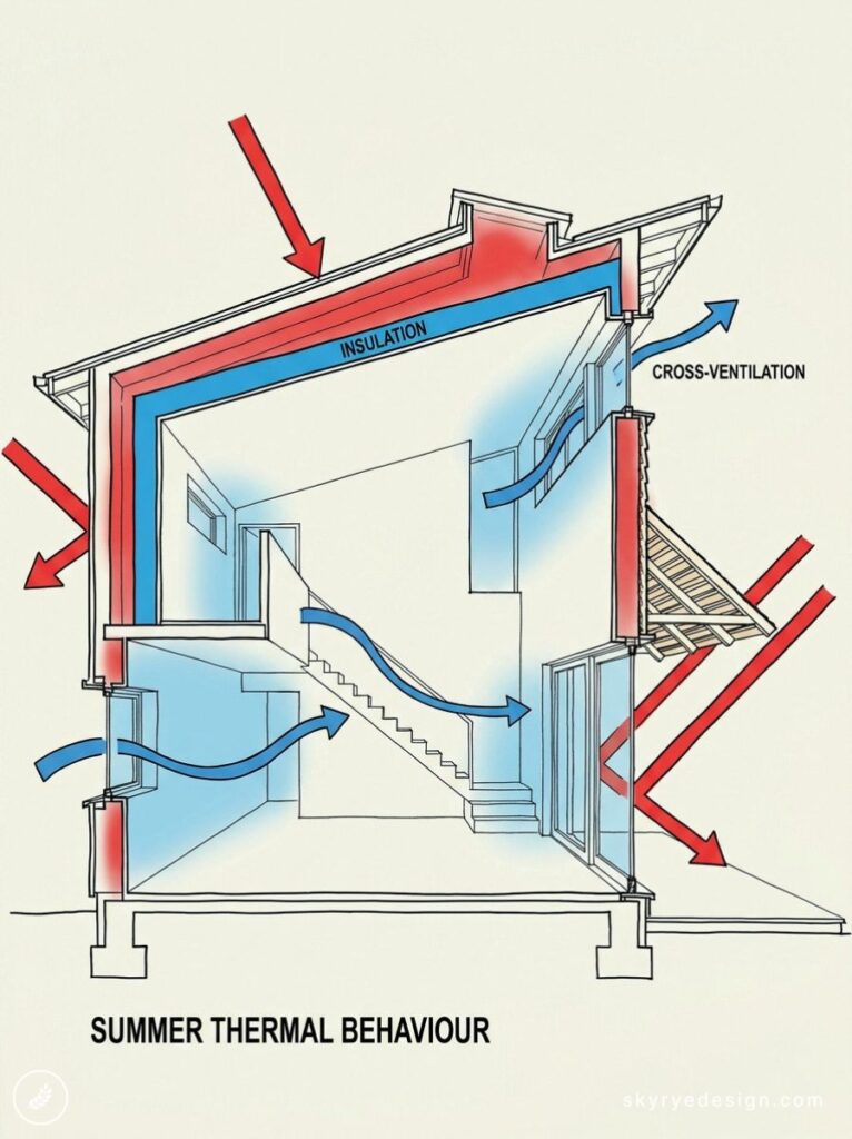 Cross-section house diagram showing summer thermal behaviour: insulation, red heat arrows, blue cross-ventilation arrows.