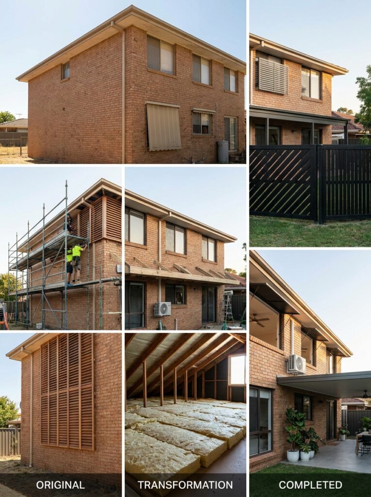 Brick house renovation before-and-after: insulation added, timber screening, new awning and modern exterior