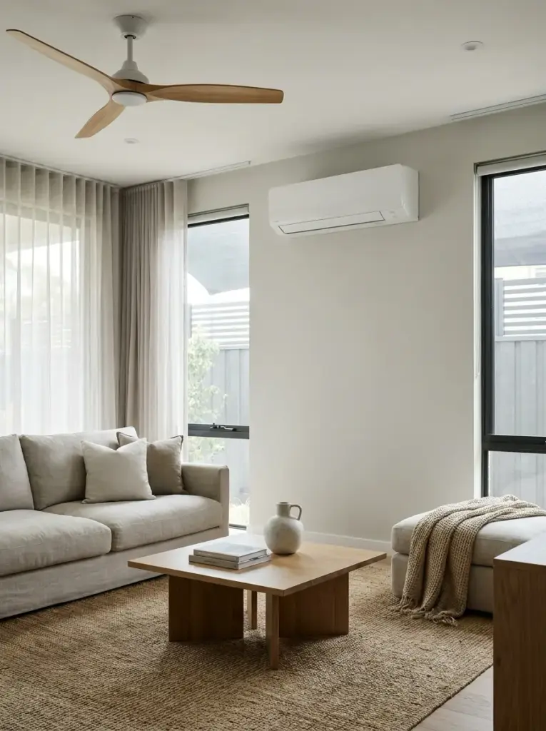 Minimalist neutral living room with beige sofa, wooden coffee table, jute rug, ceiling fan and split AC.