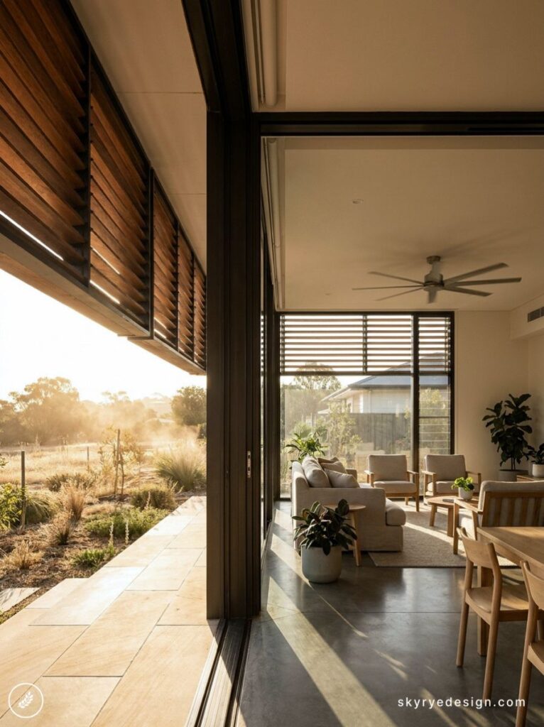 Sunlit modern open-plan living room with indoor-outdoor flow, sliding doors, wooden louvered shutters
