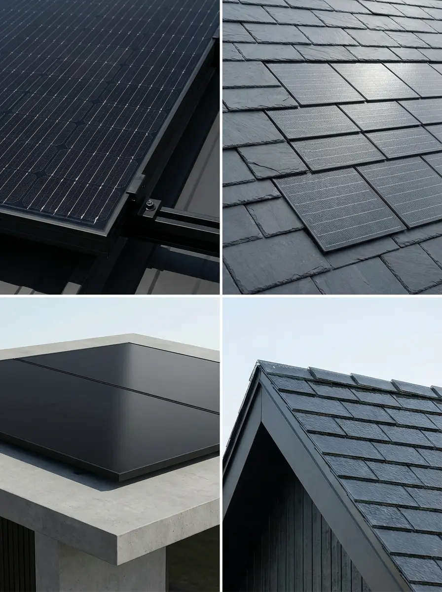 Collage of rooftop photovoltaic options: framed solar panels, slate-integrated solar tiles, black flat-roof modules