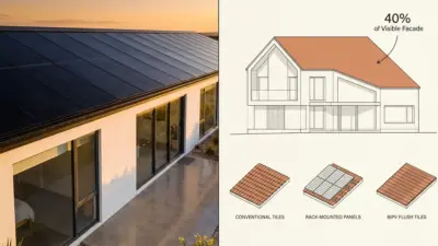 Modern home with integrated black solar roof and diagram comparing conventional, rack-mounted, and BIPV flush tiles